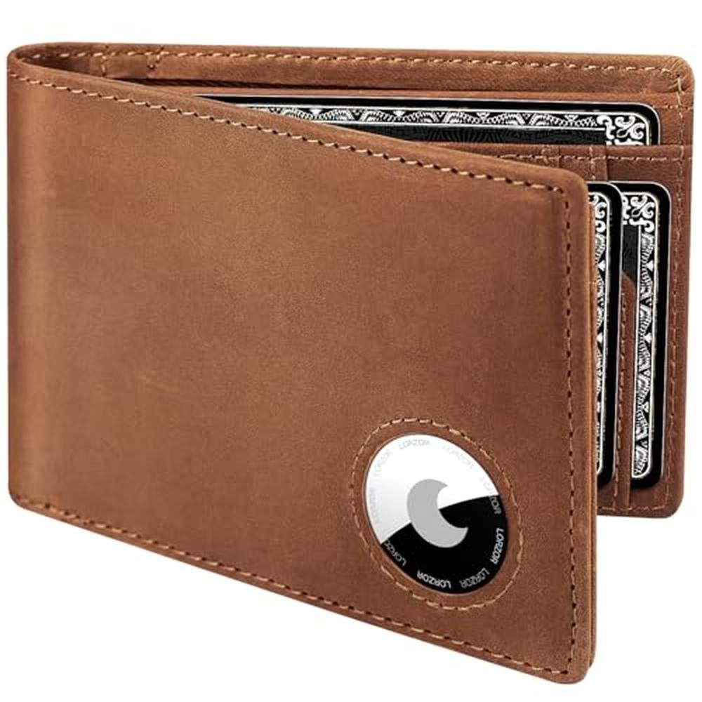 LORZOR AirTag Wallet Bifold Full Grain Leather Mens Air Tag Wallet w