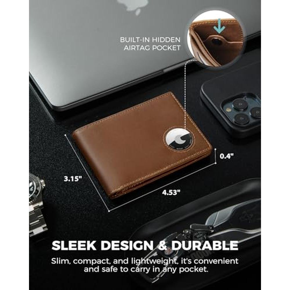 LORZOR AirTag Wallet Bifold Full Grain Leather Mens Air Tag Wallet w