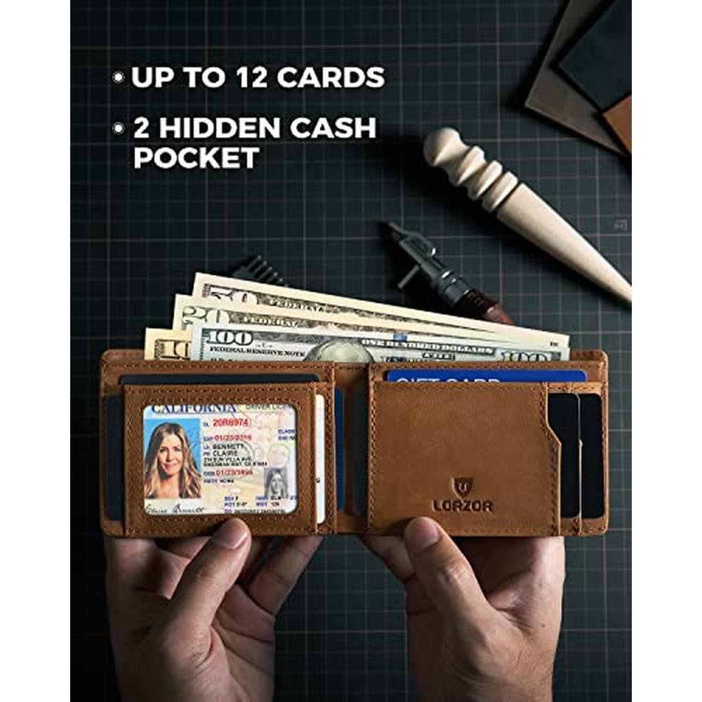 LORZOR AirTag Wallet Bifold Full Grain Leather Mens Air Tag Wallet w