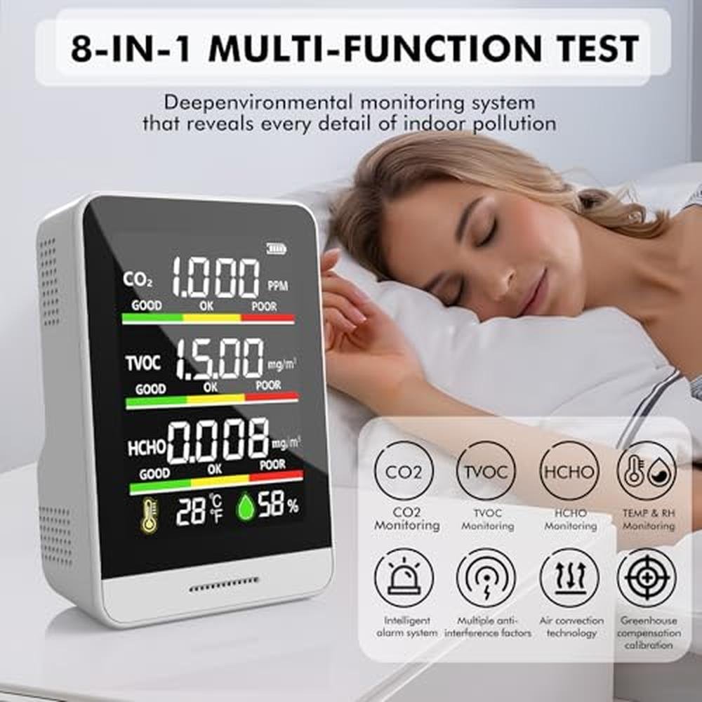 Air Quality Monitor Indoor,8-in-1 Smart Air Quality Tester with CO2, T ...