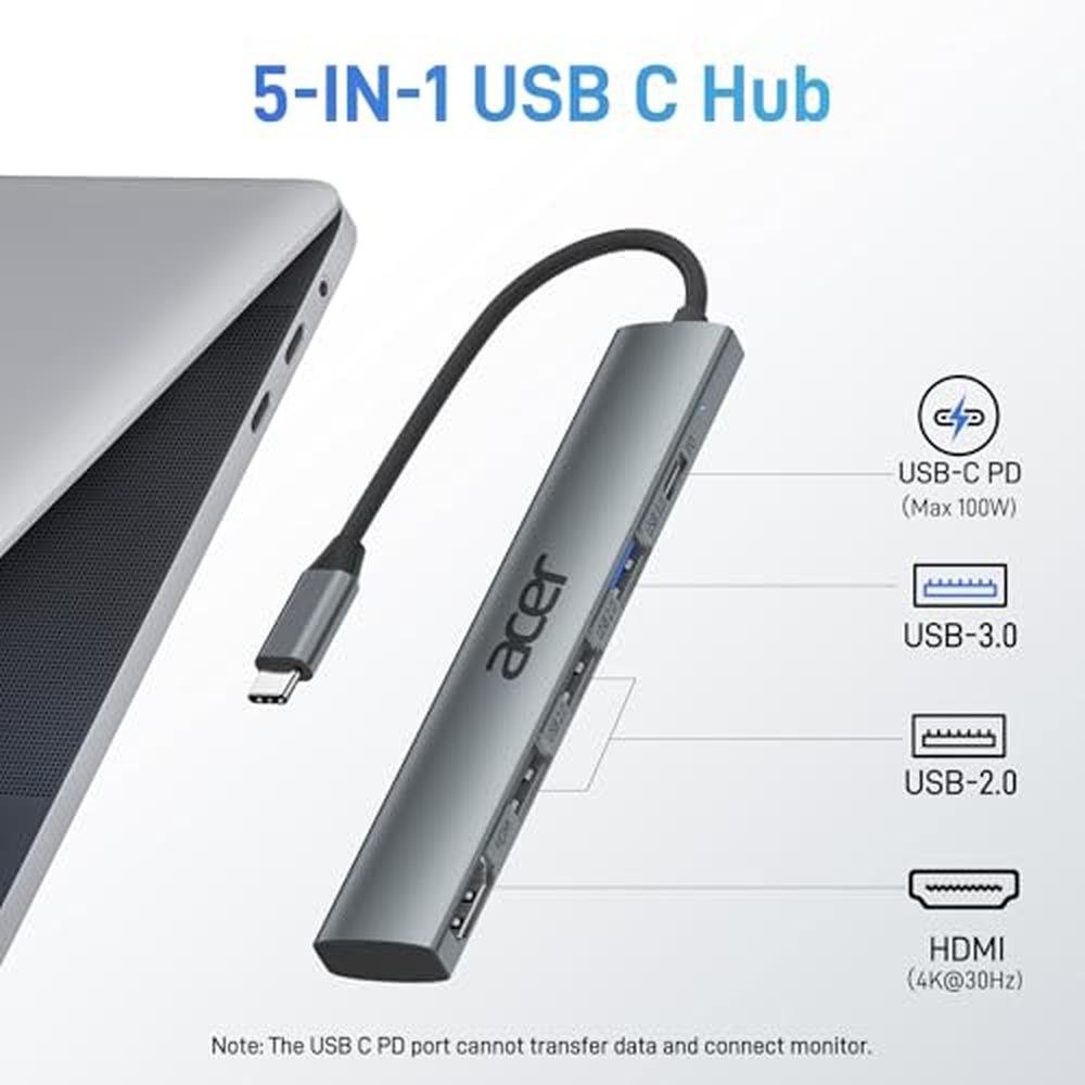 Acer 5-in-1 USB-C Hub | 4K HDMI, 100W Power Delivery, 3 USB-A Ports ...