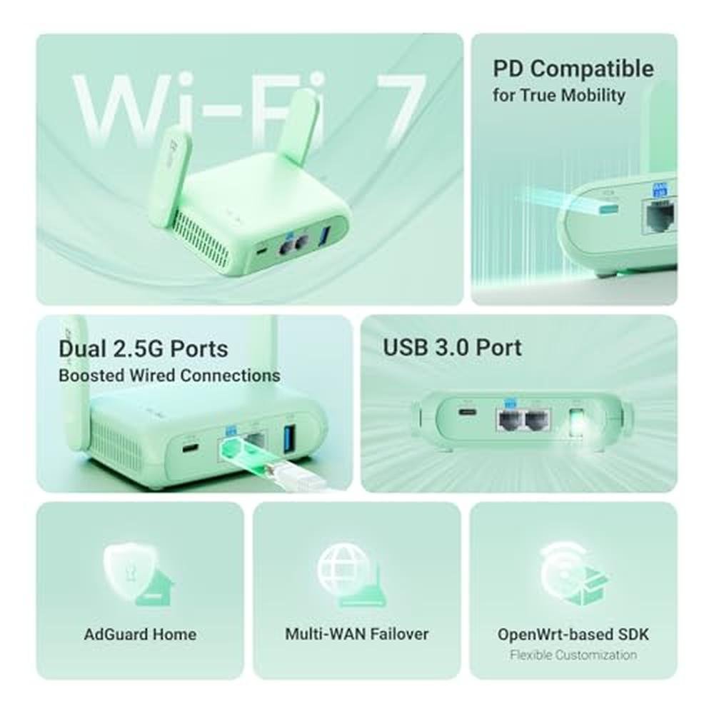 Gl Router Travel GL.iNet GL-MT3600BE (Beryl 7) Portable Travel Router, Pocket Wi-Fi 7 W ...