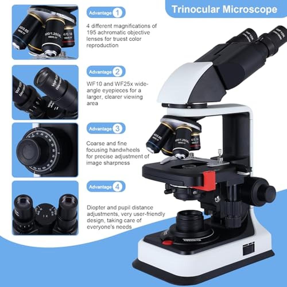Microscope Laboratory | Herwicm 40X-2500X Microscope for Adults with ...