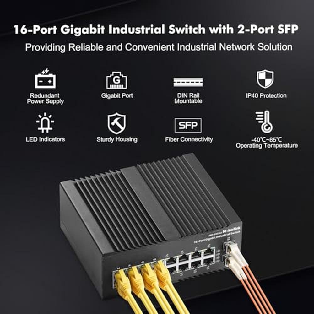 MokerLink 5-poorts gigabit industriële DIN-rail Ethernet Switch DIN-rail, 14 Gbit/s schakelcapaciteit, IP40 Unmanaged Network Switch (-40 tot 185°F), met voeding