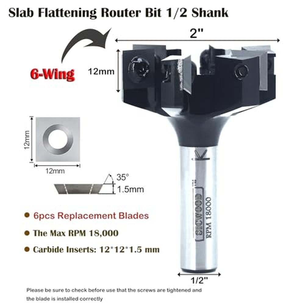Slab Flattening Router Bit 1/2 Shank, 6-Wing, 2